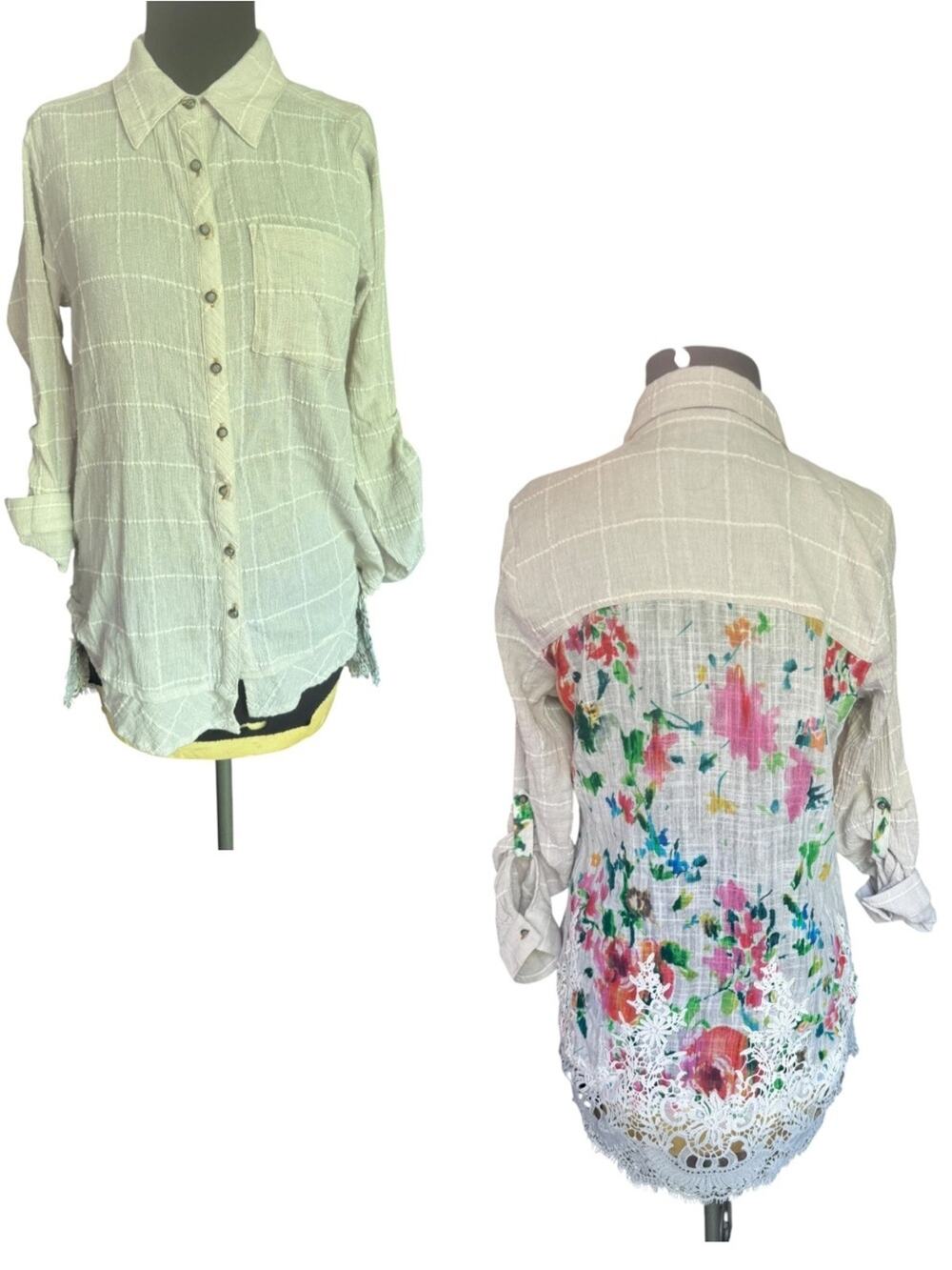 Soft Surroundings Neutral Check Floral Lace Hem Button Up Tunic Sz S Lightweight